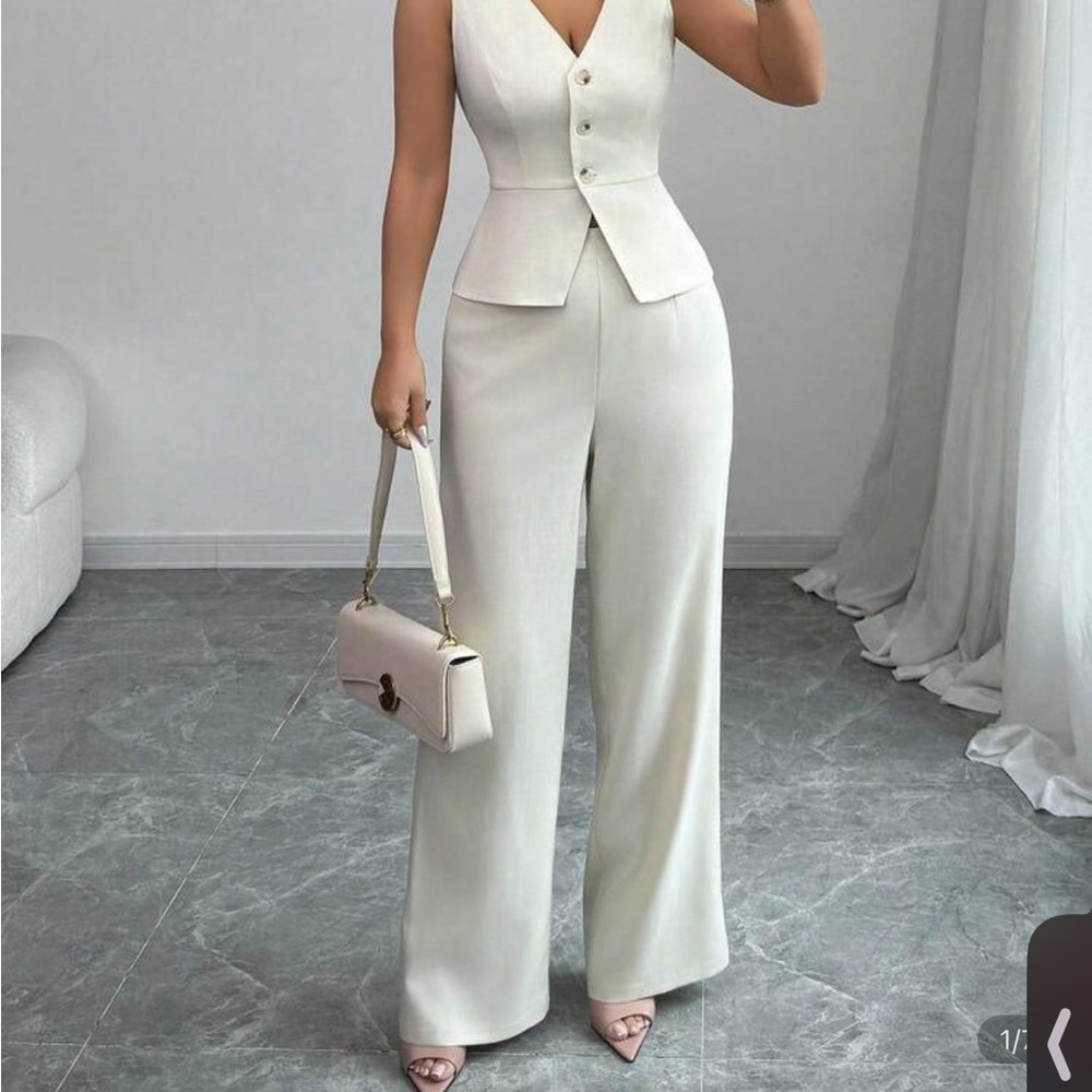 Elegant Cream Wide-Leg Jumpsuit Vest Set